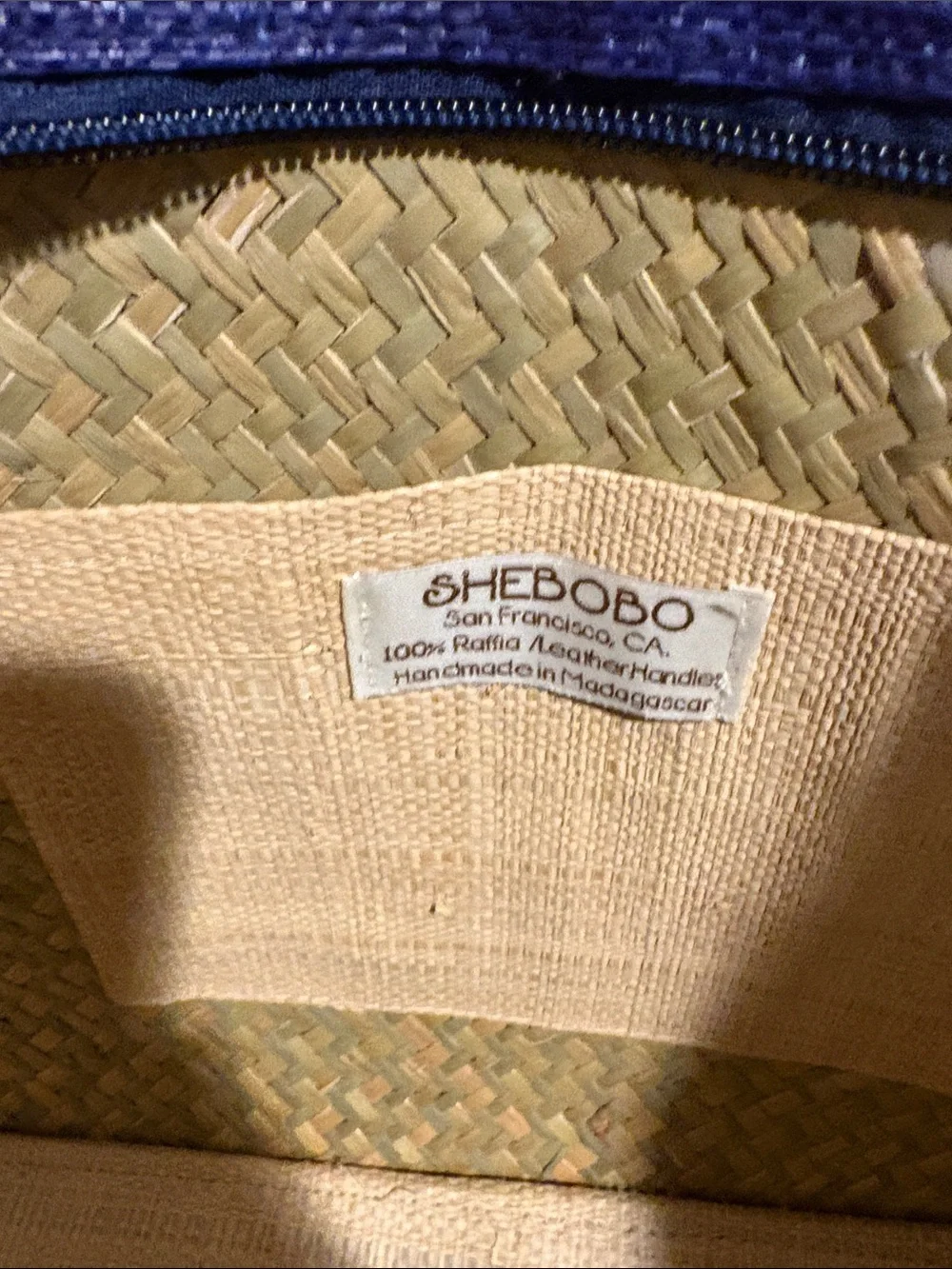 SHEBOBO Santorini MediumStriped Blue and Natural Straw Tote Bag with Tan Handles